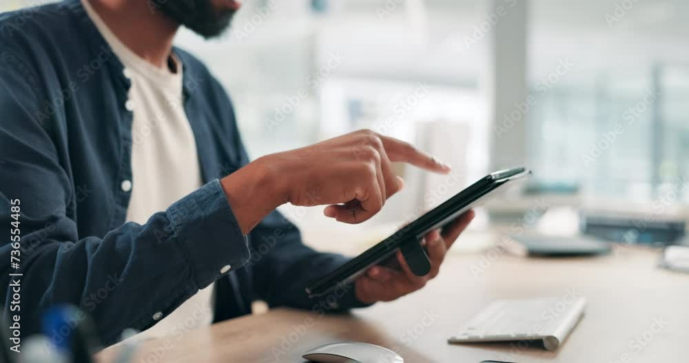 Poster businessman, tablet and hands in office for research, communication and project planning at workplac