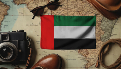 United Arab Emirates flag lies on the map surrounded by camera, glasses, travel and tourism concept