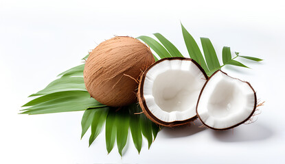 Fresh raw coconut with palm leaves isolated on white background.