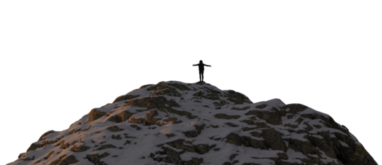 Adventure Woman Hiker standing on top of Snowy Mountain Peak. PNG Cutout. 3d Rendering