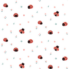 Seamless pattern design with ladybugs and flowers
