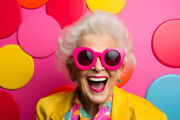 smiling old lady in colorful sunglasses, in the style of playful neo-pop, yellow and pink