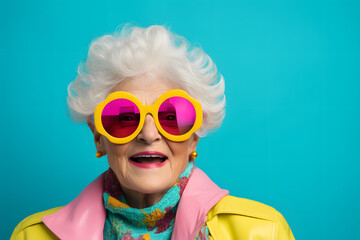 old woman in pink sunglasses on coloured background, in the style of energetic, light aquamarine and yellow, bright color blocks, photo taken with provia, brightly colored