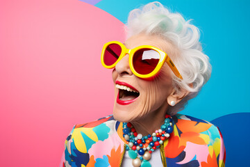 senior woman fashionable sunglasses on colorful background, in the style of playful neo-pop, goosepunk, pastel-hued