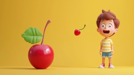 3D illustration funny kid looks at the treat with surprise and joy/3d illustration little boy scullion stands with a big cherry --ar 16:9 --v 6 Job ID: cd21fa2b-8453-4e59-9cb8-86066423f287
