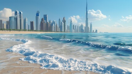 3d illustration of Dubai beach isolated. beach mock up. urban skyline on background, sea waves. 