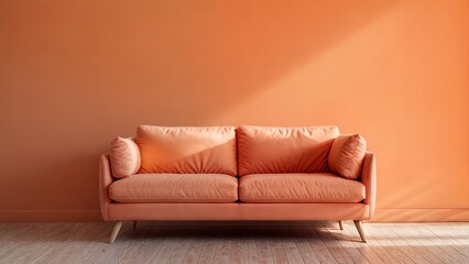 empty warm interior of a room with a sofa in peach color - trend 2024, living room or reception room in the style of minimalism and luxury. Beige apricot sofa and peach wall, space for text