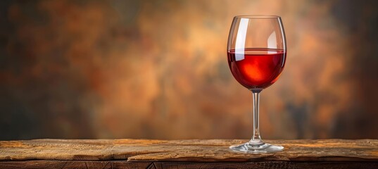 Red wine glass on wooden table, elegant with blurred dark background and text space - obrazy, fototapety, plakaty