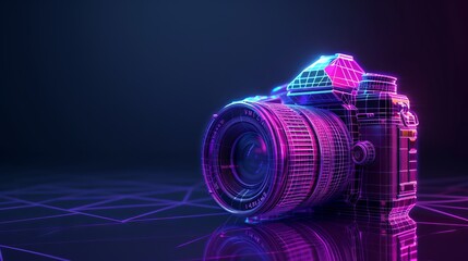3d techno neon purple blue glowing outline wireframe symbol of camera isolated on black background with glossy reflection on floor --ar 16:9 --v 6 Job ID: 81b161a2-640b-47bb-8361-894c8e7cfedf - obrazy, fototapety, plakaty