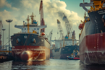 group of oil tankers in a port waiting to be filled with oil - obrazy, fototapety, plakaty