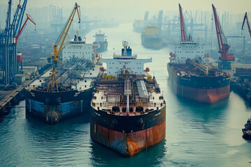 group of oil tankers in a port waiting to be filled with oil