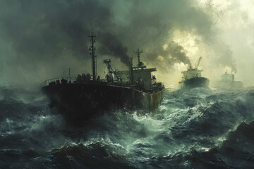group of oil tankers in a stormy sea. The tankers are struggling to stay afloat, and there are waves crashing in the background - obrazy, fototapety, plakaty