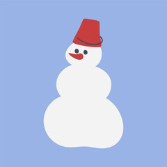 Isolated snowman with bucket and carrot. Fictional Character for a child. Winter New Year's entertainment, sculpting a snowman. Flat design. Color image - red, blue, white. Vector illustration