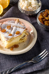 Homemade cheesecake with raisins. Curd cake with raisins