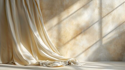 Elegant beige Curtains in a Room with Sunlight Shadows on the Wall. Background for Product Presentation