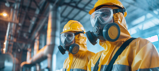 Two environmental engineers in protective gear and gas masks inspected an old dangerous fuel leak