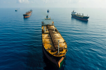 group of oil tankers stranded in the middle of the ocean due to an oil embargo - obrazy, fototapety, plakaty