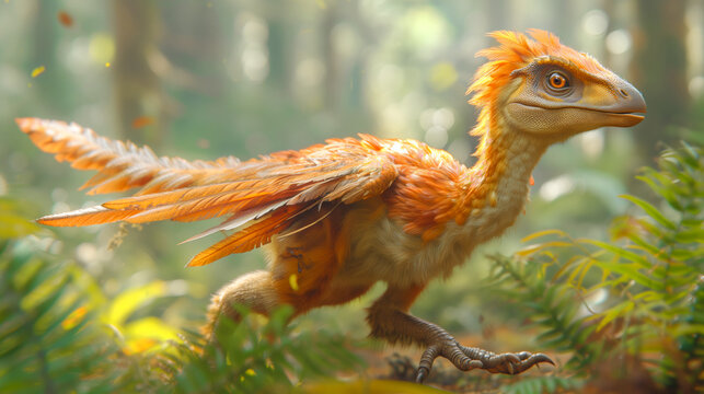 Feathered bird-like dinosaur running through ferns in in sunlight prehistoric forest