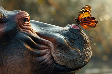 A butterfly stand on the nose of a hippopotamus.