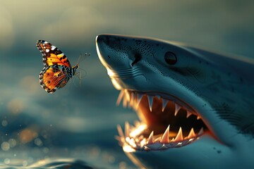 A butterfly stand on the nose of a shark.