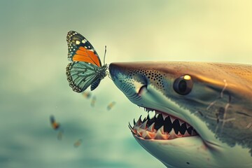 A butterfly stand on the nose of a shark.