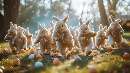 playful scene of Easter bunnies which running for easter eggs. hunt easter eggs - obrazy, fototapety, plakaty