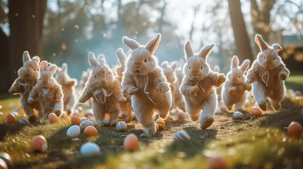 Poster playful scene of Easter bunnies which running for easter eggs. hunt easter eggs © zamuruev