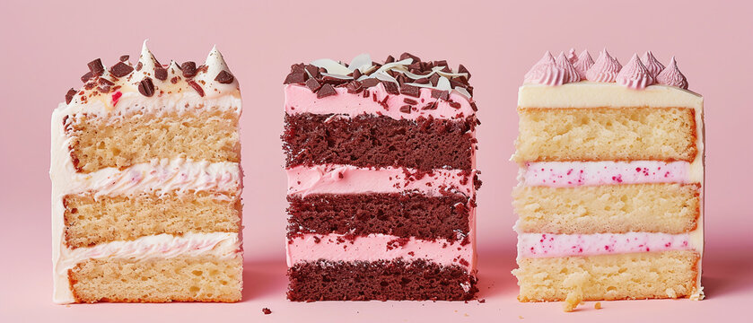 Three different layered cake slices with frosting