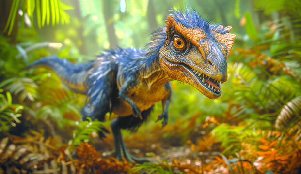 Blue feathered dinosaur in prehistoric jungle