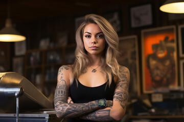 Tattooed Woman Contemplating in Tattoo Parlor