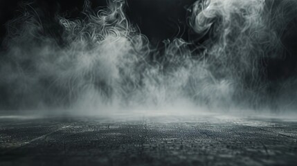 Abstract image of dark room concrete floor. Black room or stage background for product placement.Panoramic view of the abstract fog. White cloudiness, mist or smog moves on black background.  - obrazy, fototapety, plakaty