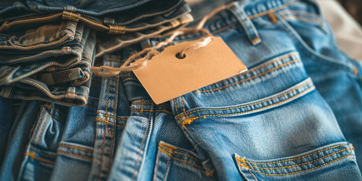 A Stack Of Blue Jeans, Shirts And Tags. Used Clothing Store. Circular Fashion, Eco Friendly Shopping, Thrift Store Concept