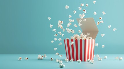 Popcorn spilling from red striped box on pastel blue background with space for text.