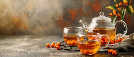 Sea buckthorn tea in a transparent glass teapot and cups with fresh berries and sea buckthorn leaves. Herbal vitamin tea. - obrazy, fototapety, plakaty
