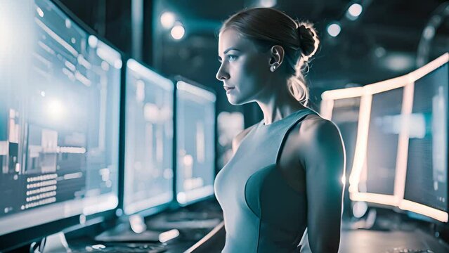 Explore the captivating sight of spy government woman standing before an array of computer monitors, immersing herself in a world of information, analysis, and possibilities.