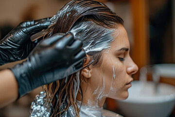 Naklejka premium model coloring their hair with a dye and a bowl in the background and a glove and a foil on their hair