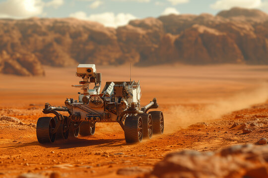 Mars rover traversing dusty red terrain