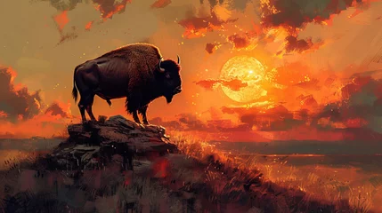 Foto op Plexiglas Bison standing on hill at sunset. © Bargais