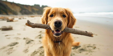 Playful golden retriever on a sandy beach with a stick in his mouth
