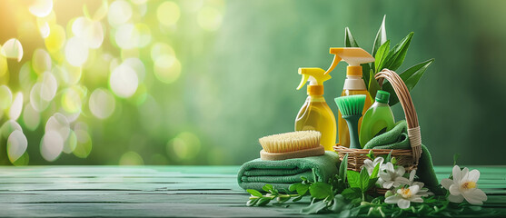 Natural cleaning products. Brushes, sponges, rubber gloves and natural cleaning products in a basket. - obrazy, fototapety, plakaty