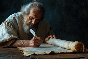 Apostle Paul writing in parchment scroll inspired by the Holy Spirit.	
