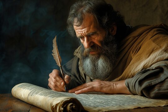 Apostle Paul writing in parchment scroll inspired by the Holy Spirit.	