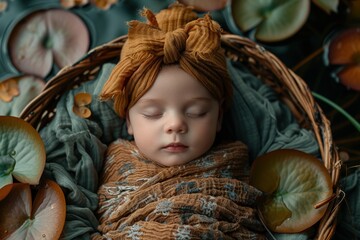 Baby child Moses sleeping in a basket floating on a river.	