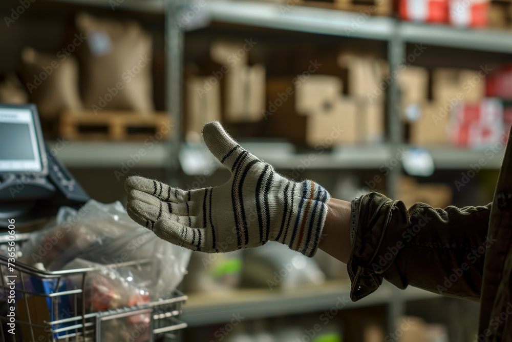 Aufkleber model missing their work with a barcode and a scanner in the background and a glove and a cart on th