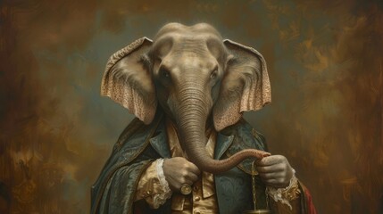 Obraz na płótnie Canvas anthropomorphic painting of elephant dressed as a lawyer in renaissance humanism --ar 16:9 --v 6 Job ID: d9aea9df-8a5d-42c3-bb7e-3e48ef55d9f8