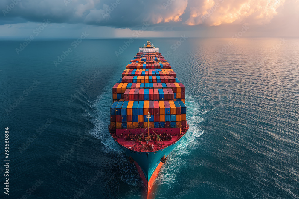 Poster a cargo ship loaded with containers from various countries, navigating the open seas as part of a gl