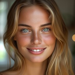 Close-up portrait of a beautiful blonde woman smiling