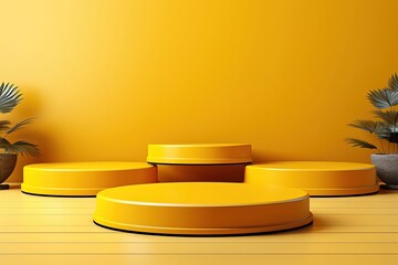 3 yellow podium pedestal for product showcase. empty concrete podium, green plants, and leaves. stage showcase for cosmetic products presentation. product  showcase, cosmetic product, product show