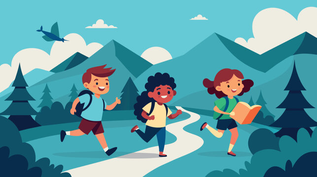Happy children running on a nature trail with a map