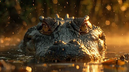 Crocodile stalking prey in Amazon rainforest.